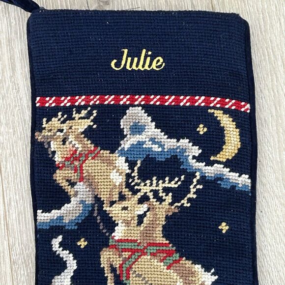 Lands End Needlepoint Stocking Santa Clause Sleigh Reindeer "Julie" Monogram - Picture 2 of 7